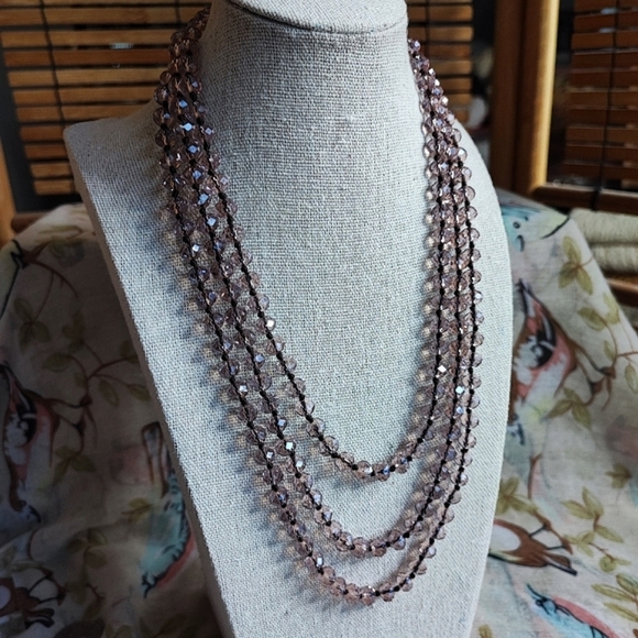 Very Long Faceted Glass Crystal? Stone Light Amethyst Necklace Black Seed Beads - Picture 3 of 7